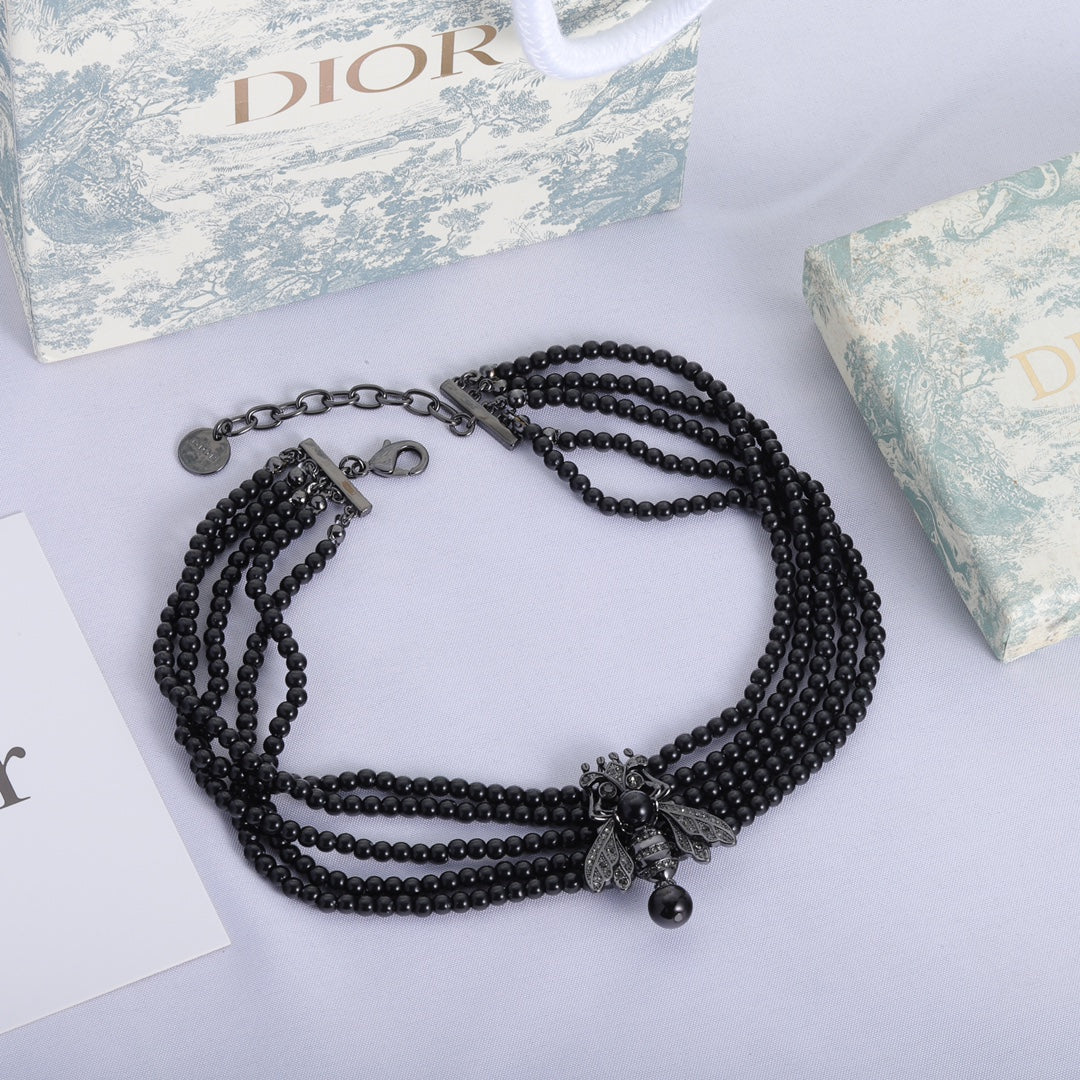 Dior Bee Black Pearls Chain 18K Gold Necklace