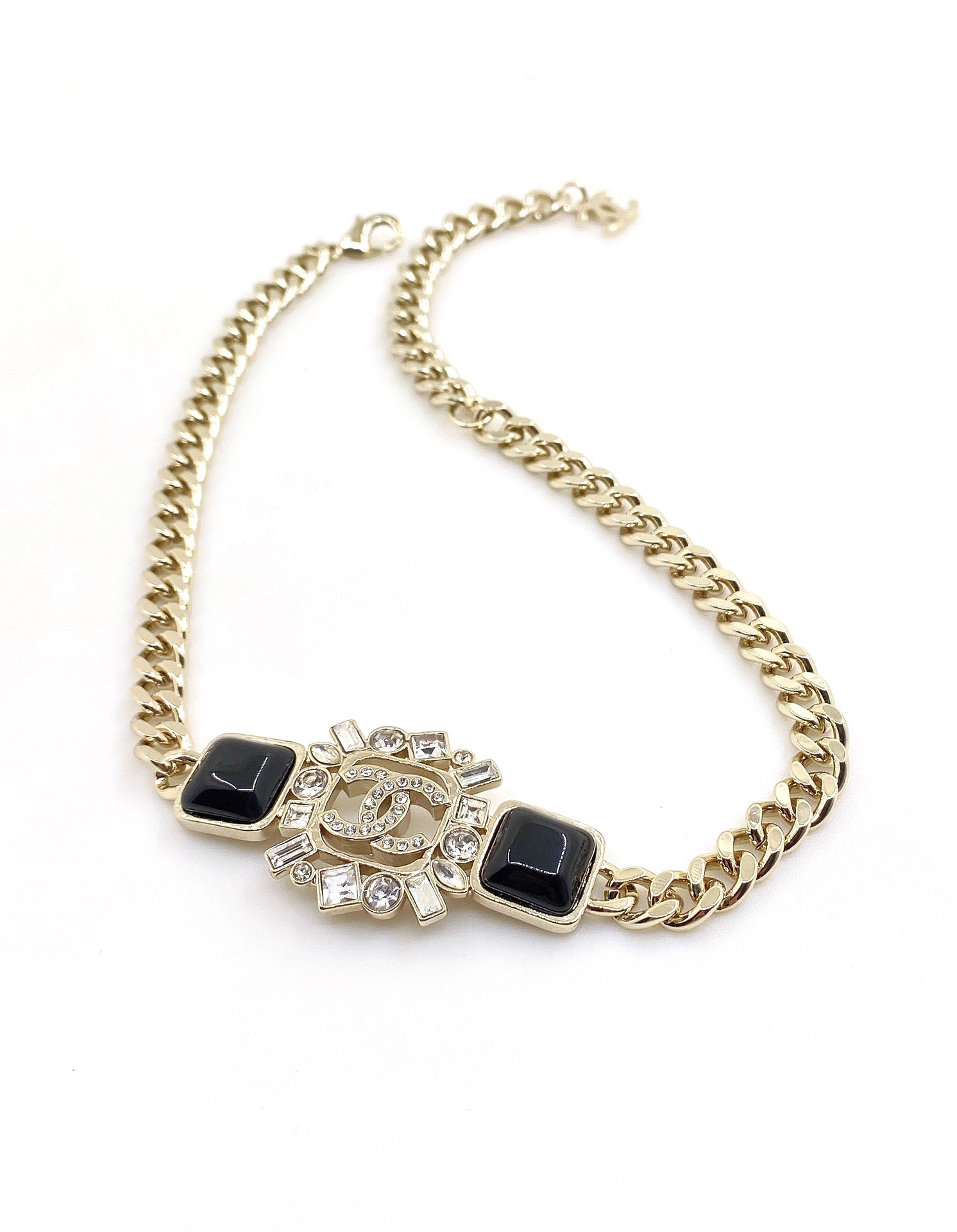 Chanel Black Crystals Chain 18K Gold Necklace
