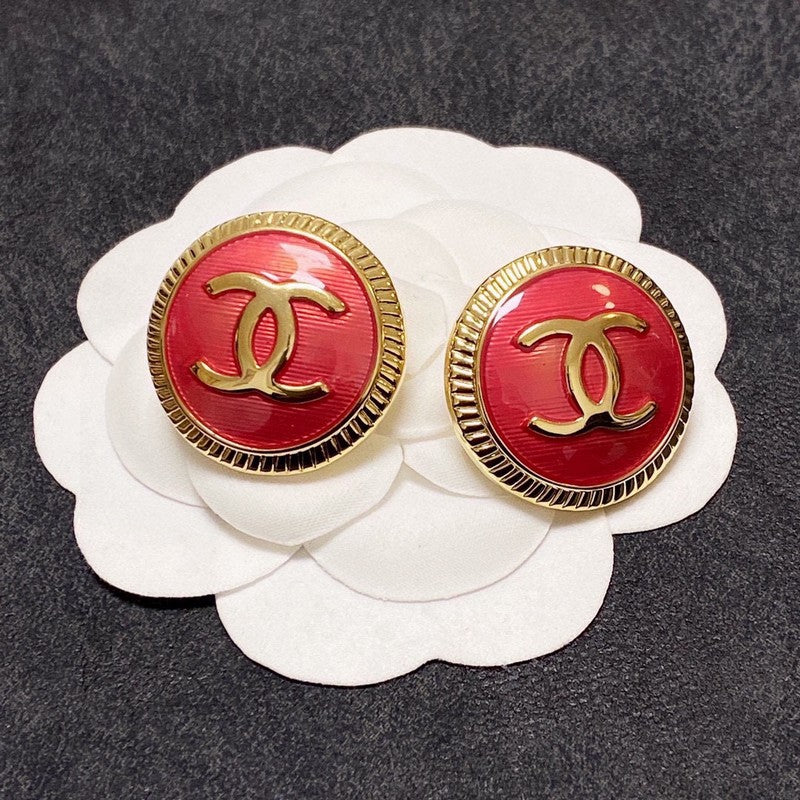 Chanel Red Round 18K Gold Earrings