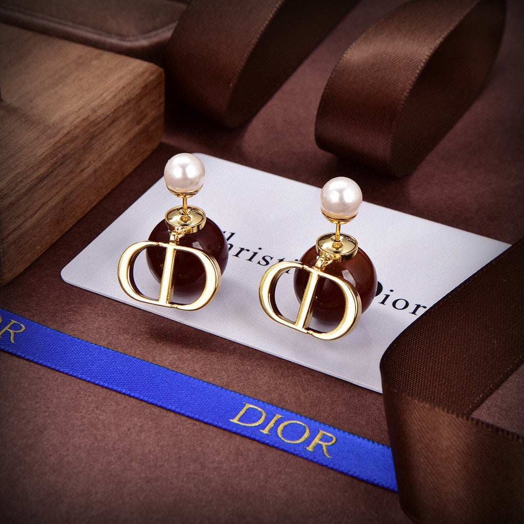 Dior Tribales Brown Resin Pearls 18K Gold Earrings