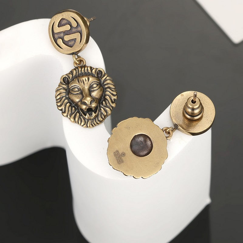Gucci Double Lion Pendant 18K Gold Earrings
