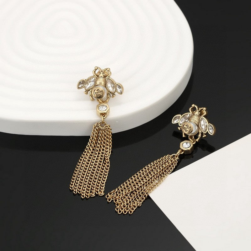 Gucci Double Bee Tassel Crystal 18K Gold Earrings