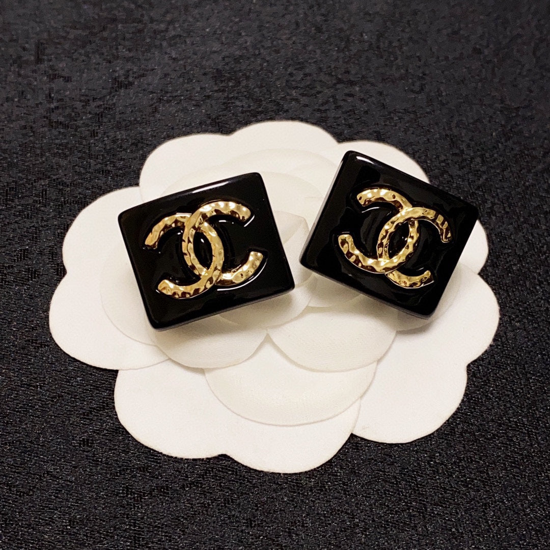 Chanel Black Resin Square 18K Gold Earrings