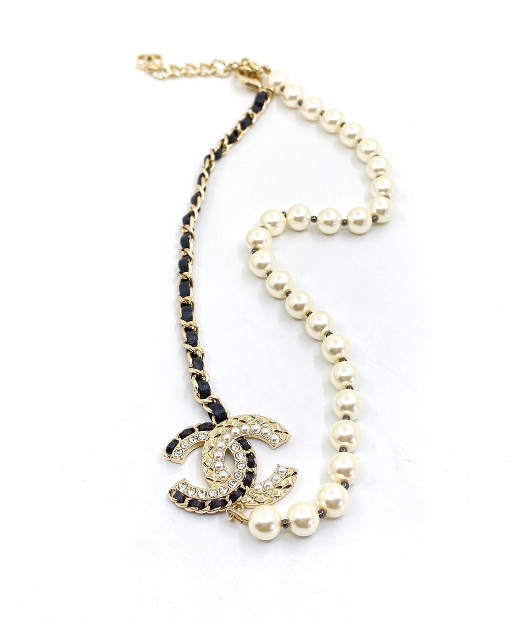 Chanel Leather Pearls 18K Gold Necklace