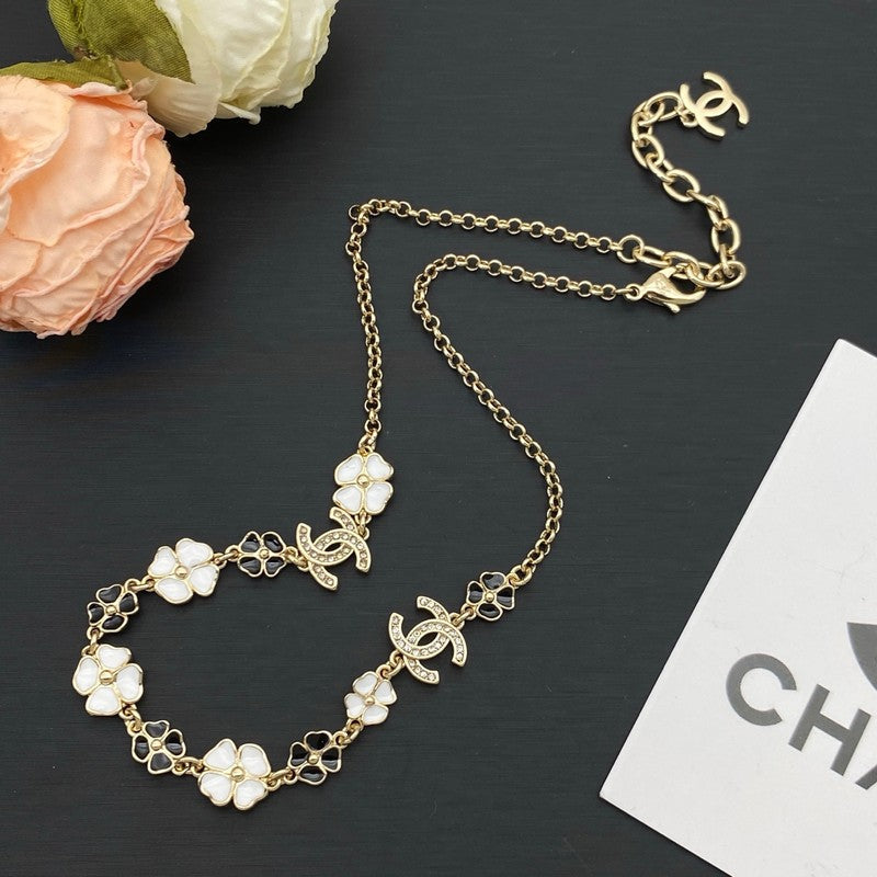 Chanel Black & White Camellia 18K Gold Necklace