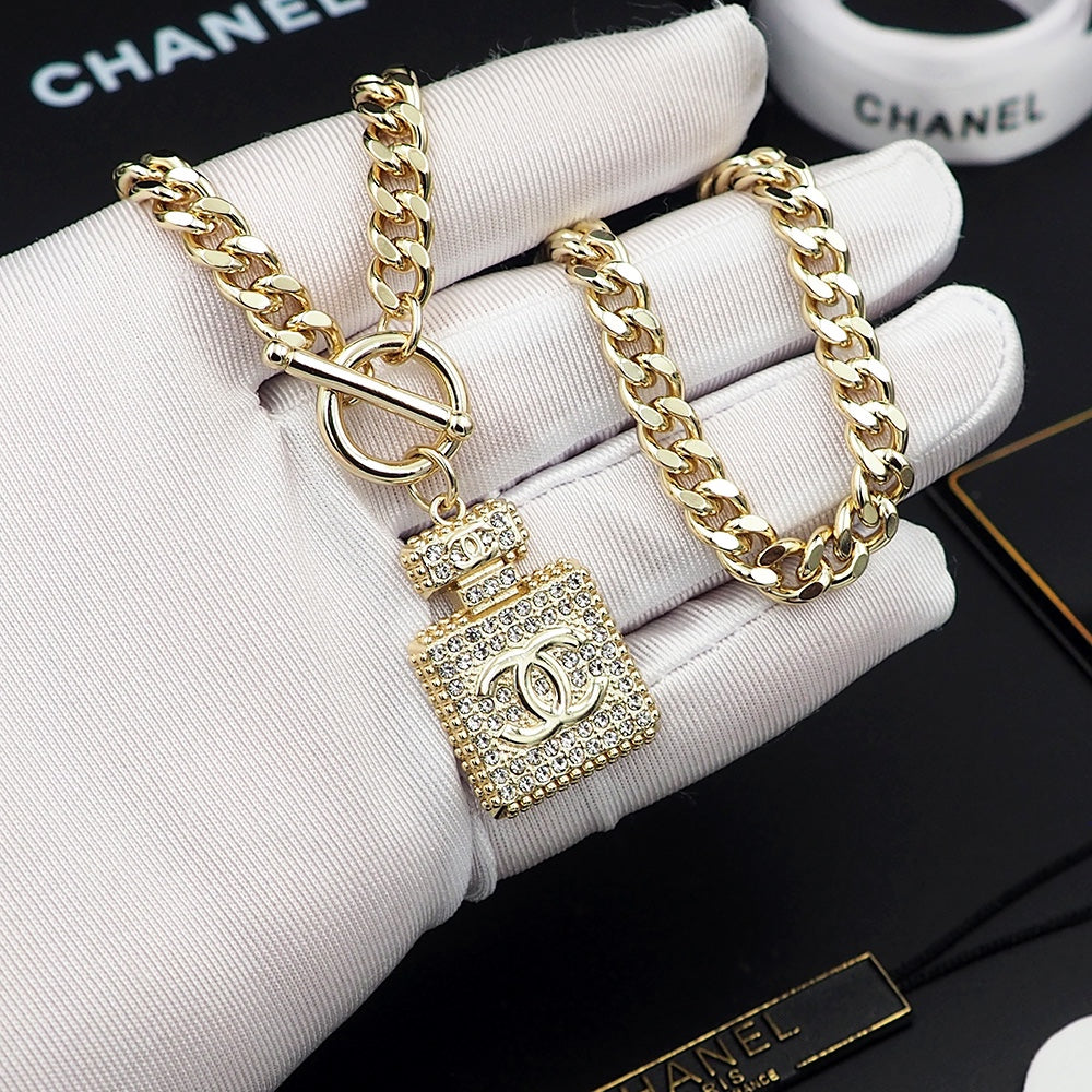 Chanel Diamond Perfume Bottle Pendant 18K Gold Necklace