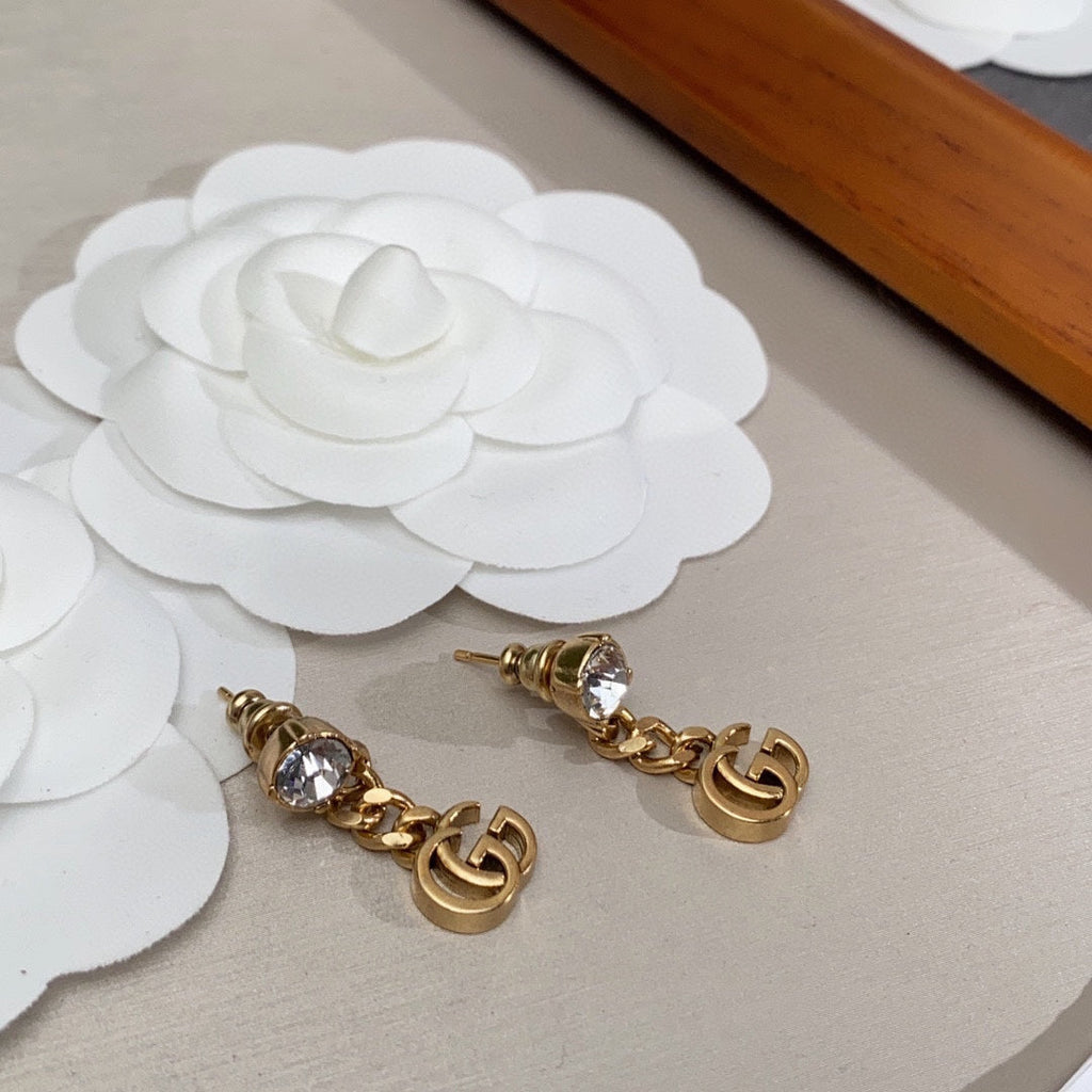 Gucci Double Crystal Chain 18K Gold Earrings
