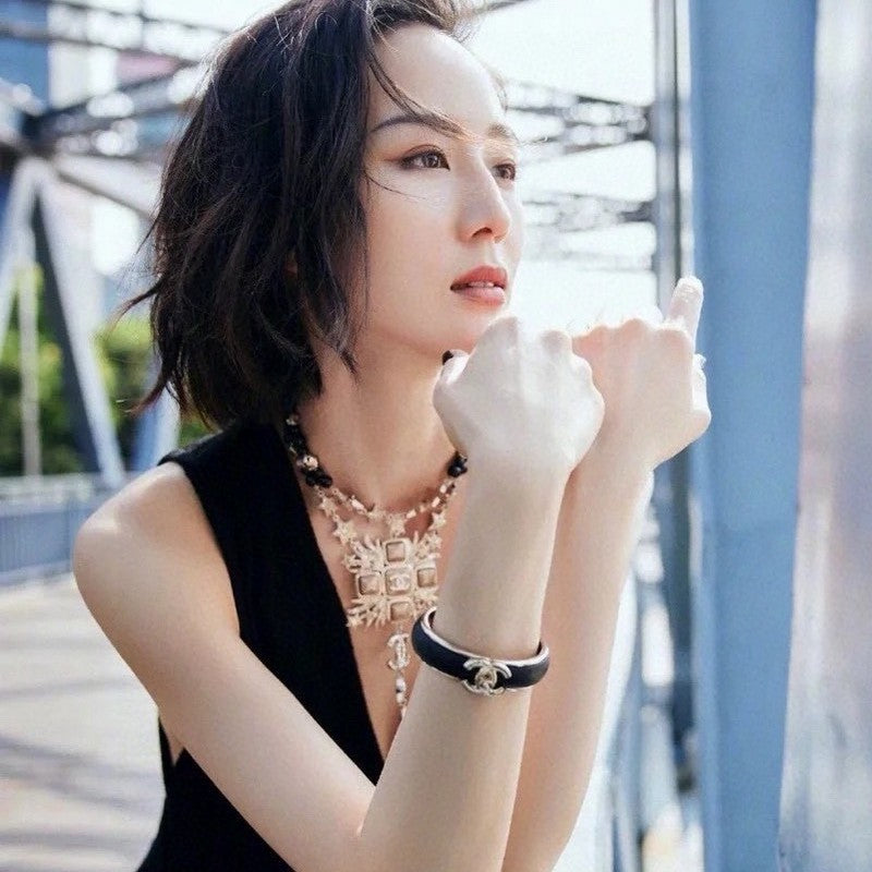 Chanel Black Leather Cuff 18K Gold Bracelet