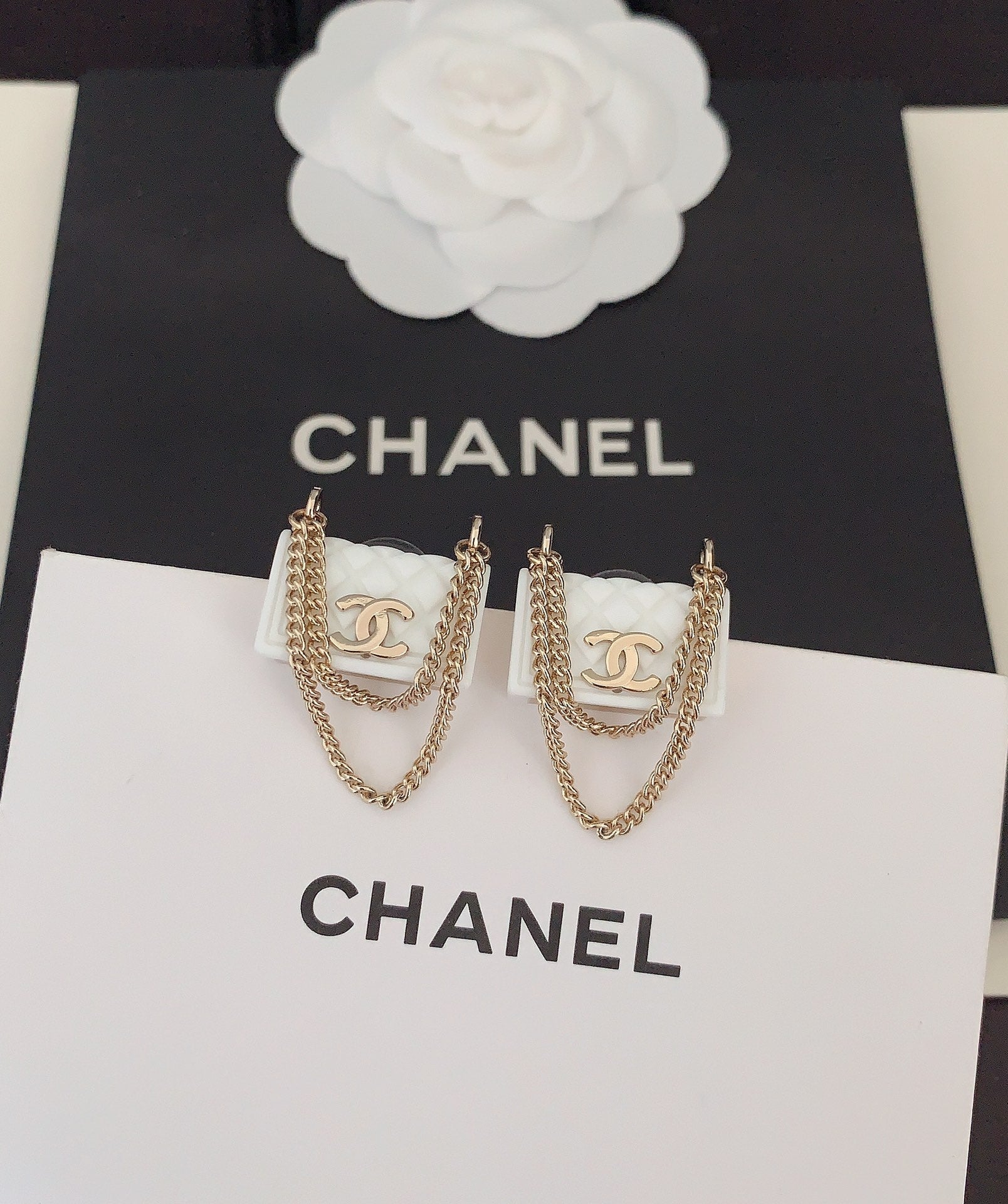 Chanel White Bag 18K Gold Earrings