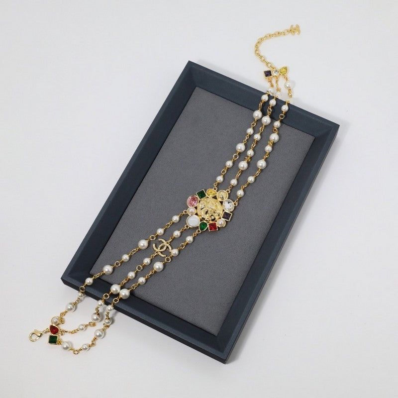 Chanel Color Crystal Pearls Choker 18K Gold Necklace