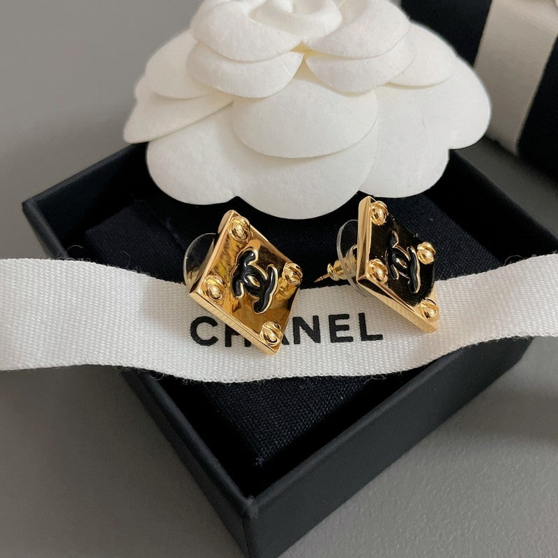 Chanel Black Gold Square 18K Gold Earrings