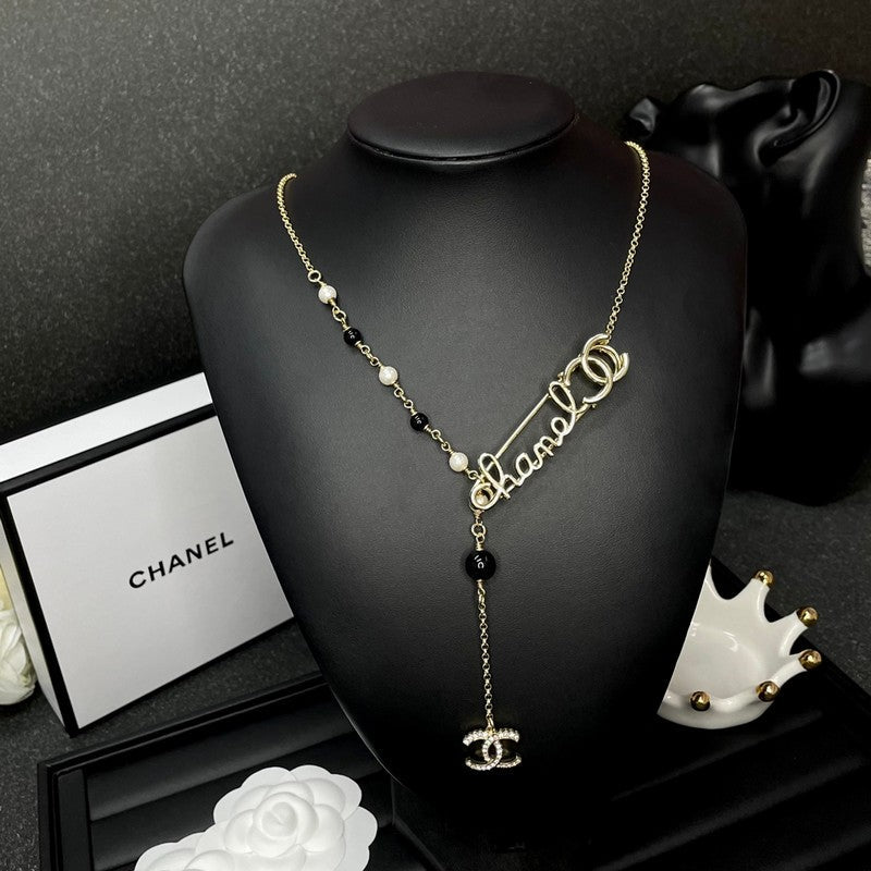 Chanel Rhinestone Pearl Letter 18K Gold Necklace