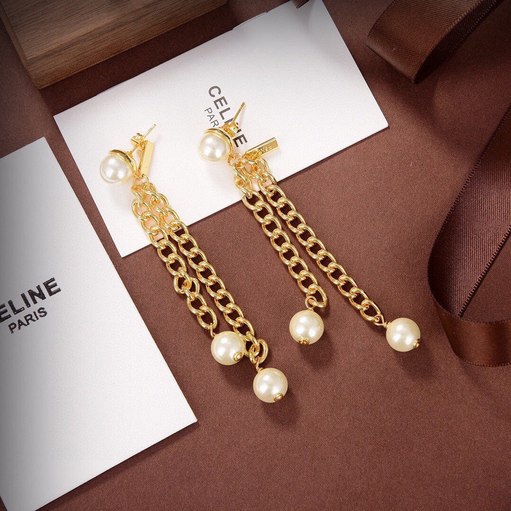 Celine Chain Pearl 18K Gold Earrings