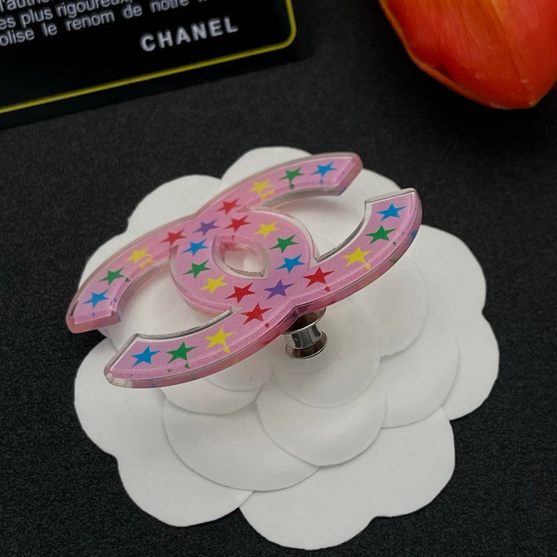 Chanel Pink & Black Star 18K Gold Brooch