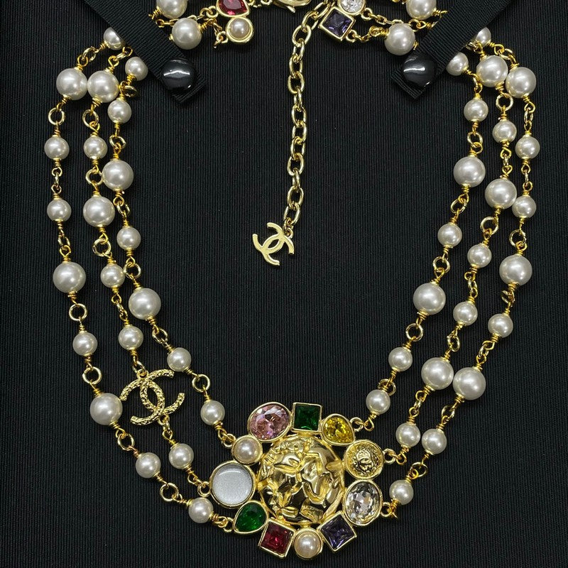 Chanel Color Crystal Pearl Chain 18K Gold Necklace