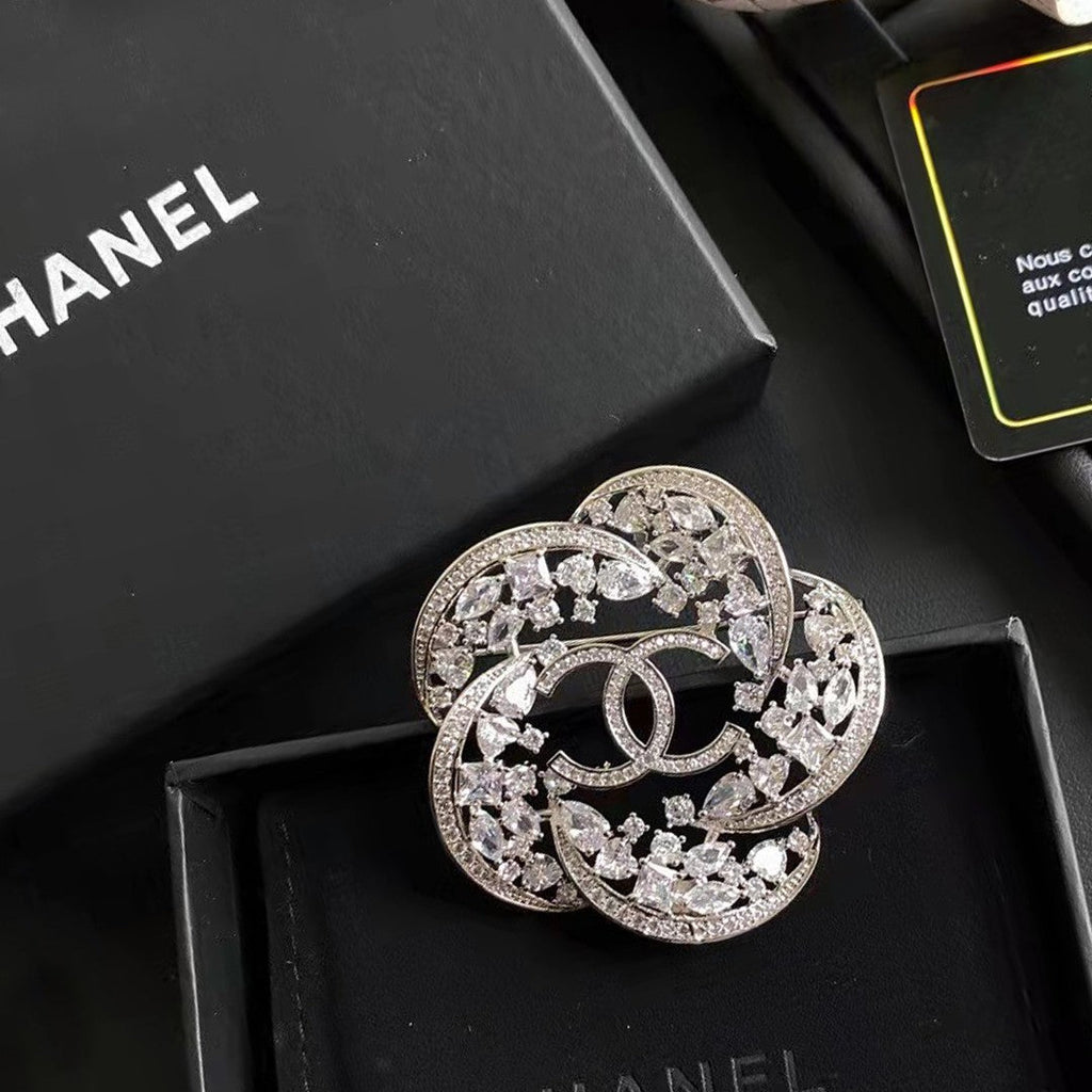 Chanel Camellia Crystals 18K Gold Brooch