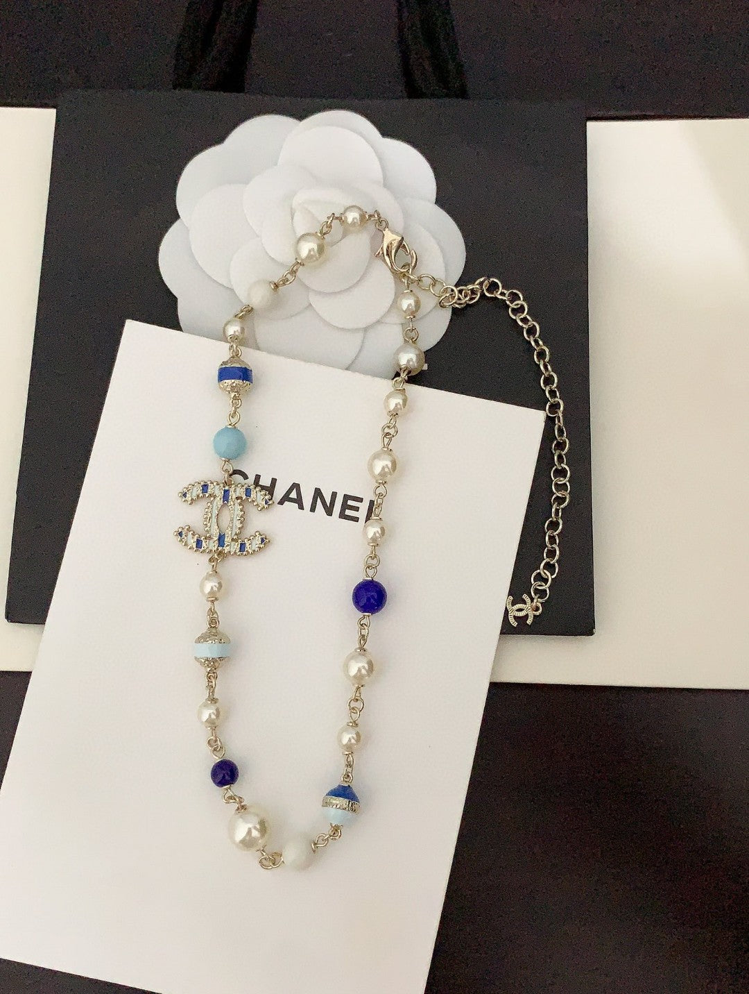 Chanel Blue & White Pearls 18K Gold Necklace