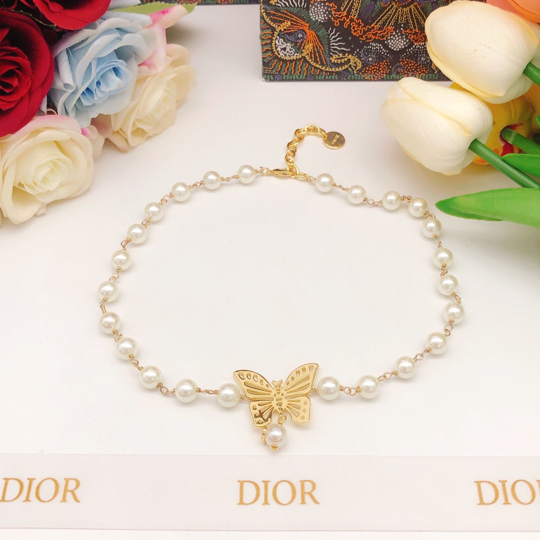 Dior Butterfly Pearl Chain 18K Gold Necklace