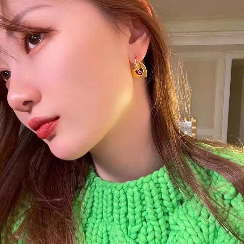 Celine Red Heart 18K Gold Earrings