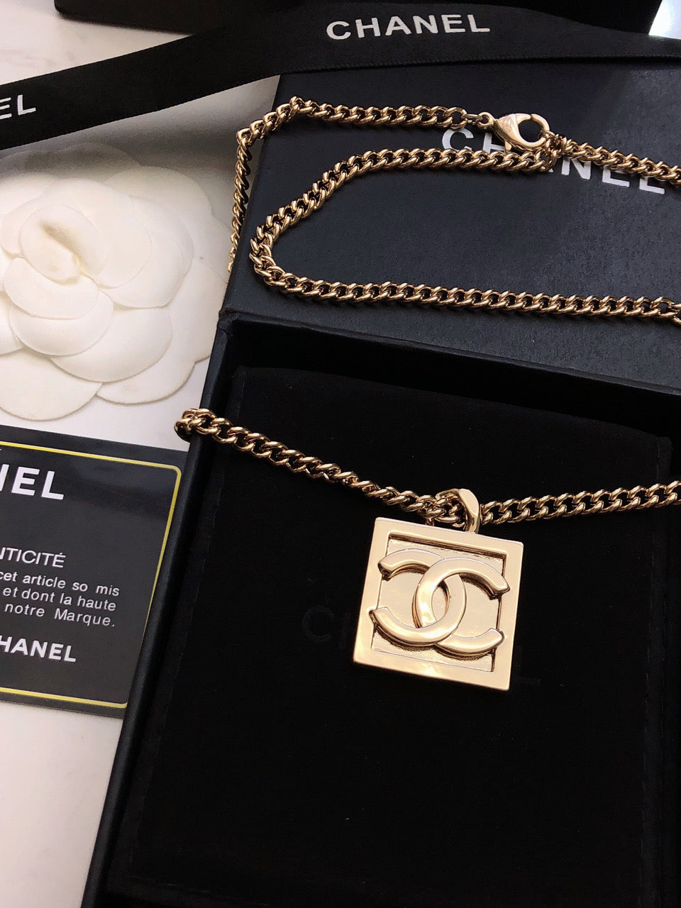 Chanel Square Logo 18K Gold Necklace