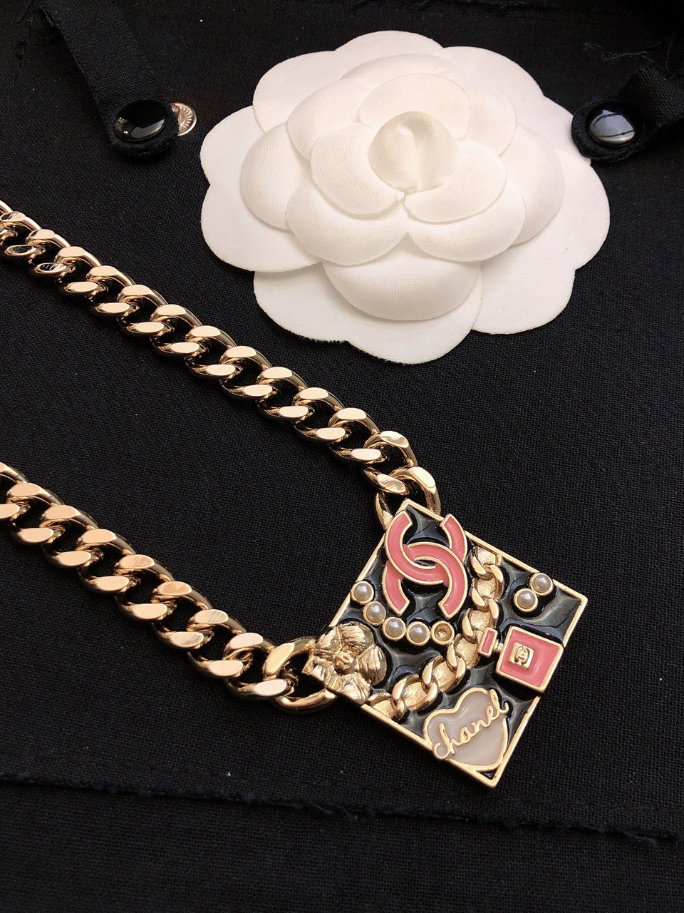 Chanel Pink Logo Chain 18K Gold Necklace