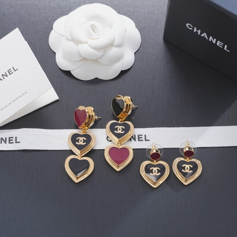 Chanel Black & Red Heart Gold 18K Gold Earrings