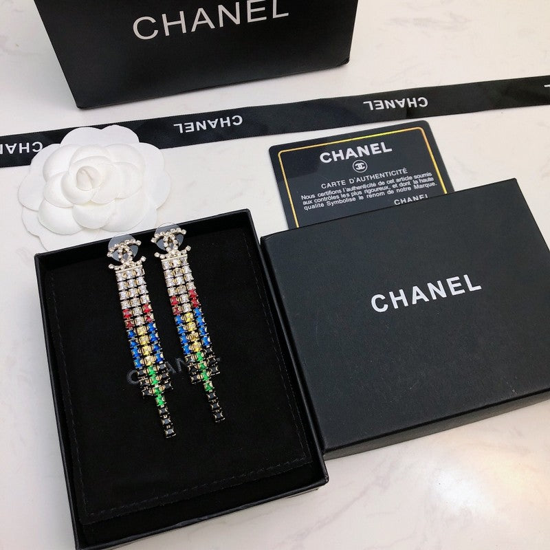 Chanel Long Tassel Color Crystal 18K Gold Earrings