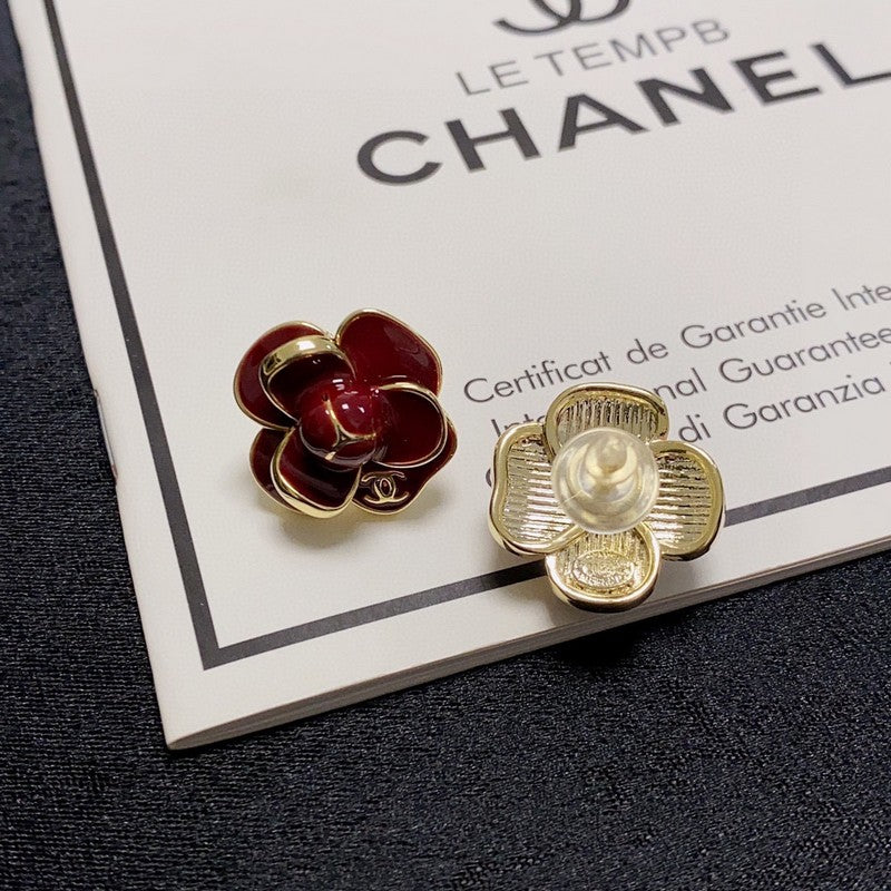 Chanel Red & Pink Camellia 18K Gold Earrings