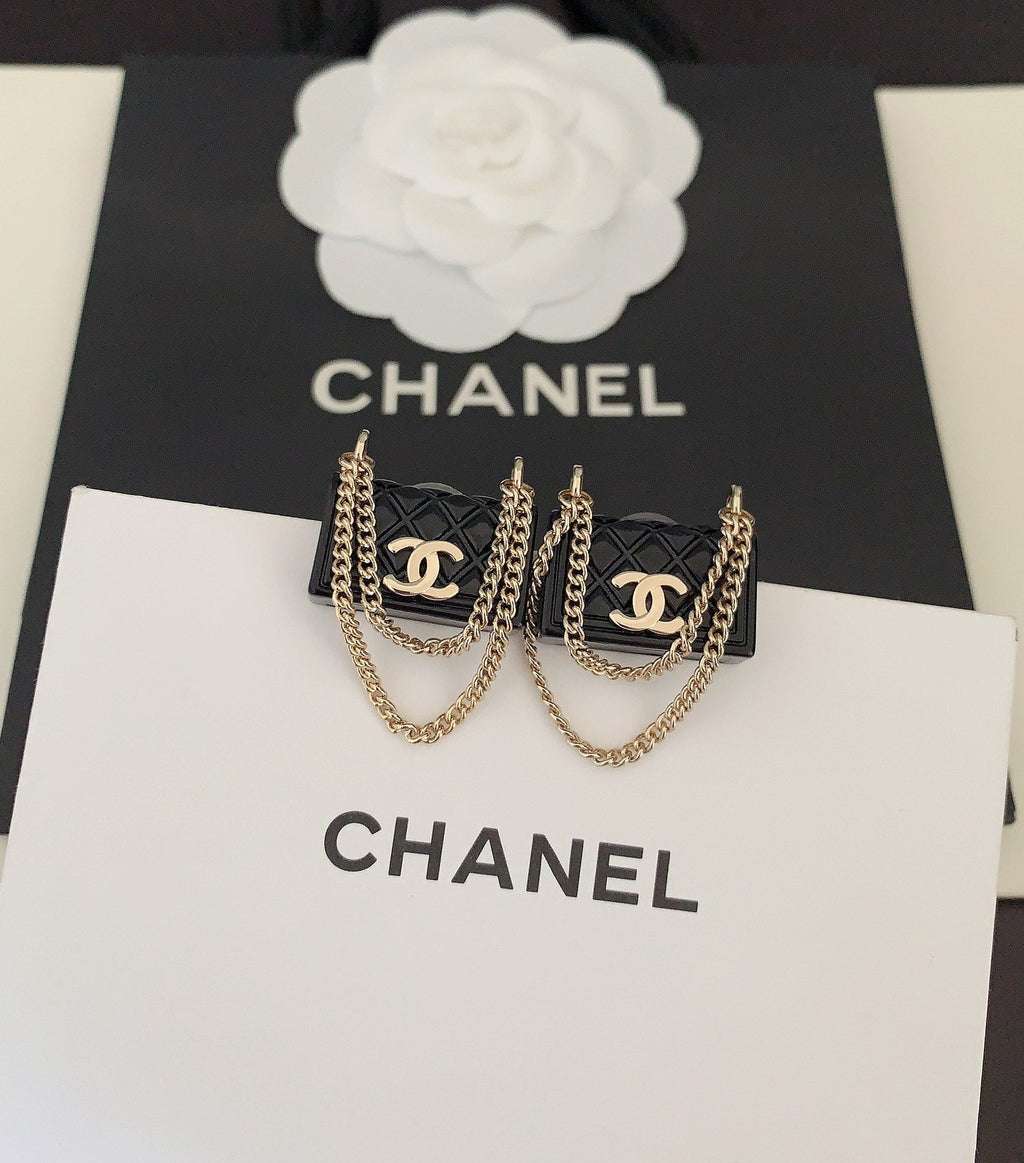 Chanel Black Bag Pendant 18K Gold Earrings