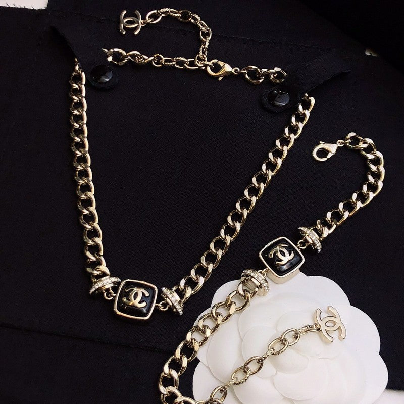 Chanel Black Logo Gold Chain 18K Gold Necklace