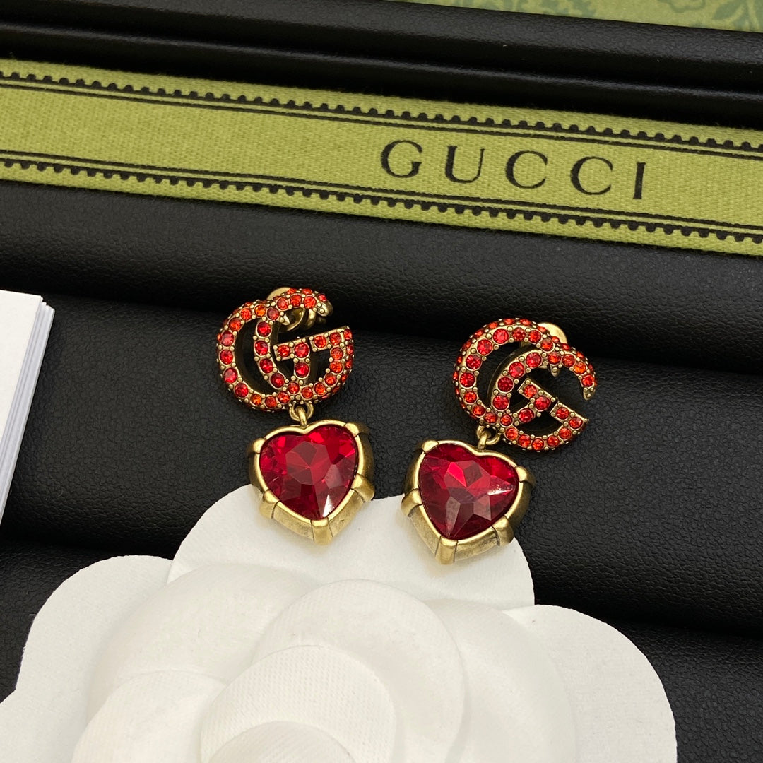 Gucci Double Red Crystal 18K Gold Earrings
