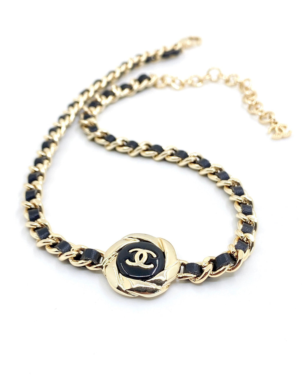 Chanel Rhinestone Leather Choker 18K Gold Necklace