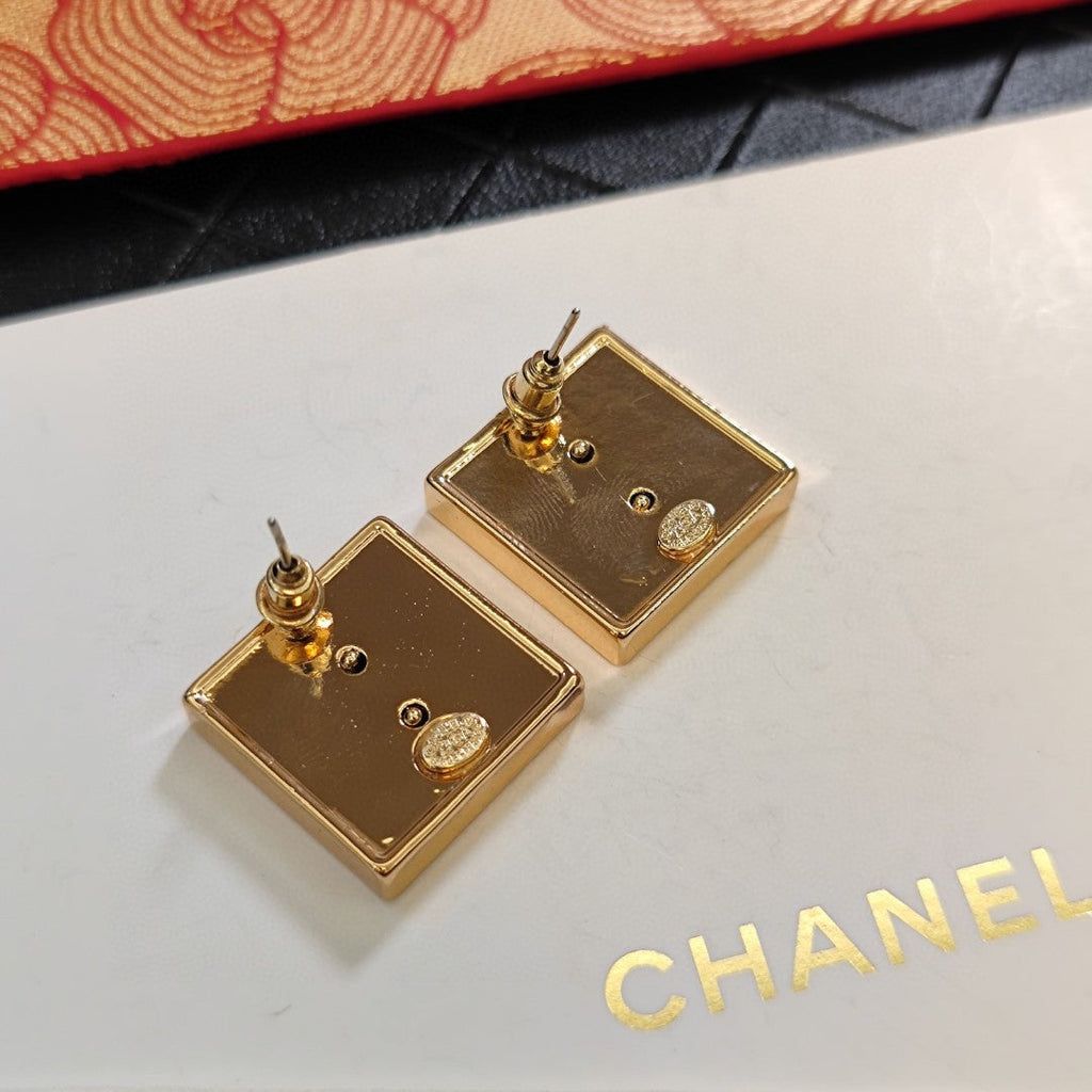 Chanel Black Square 18K Gold Earrings