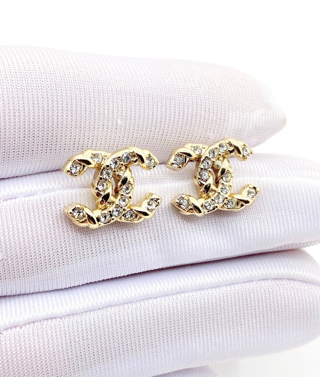 Chanel Full Crystals 18K Gold Earrings