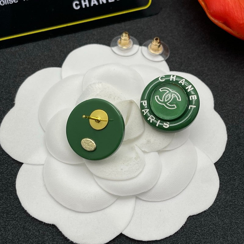 Chanel Green Round 18K Gold Earrings