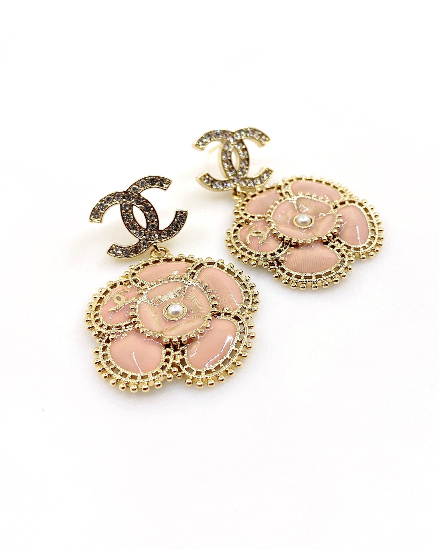 Chanel Pink Flower 18K Gold Earrings