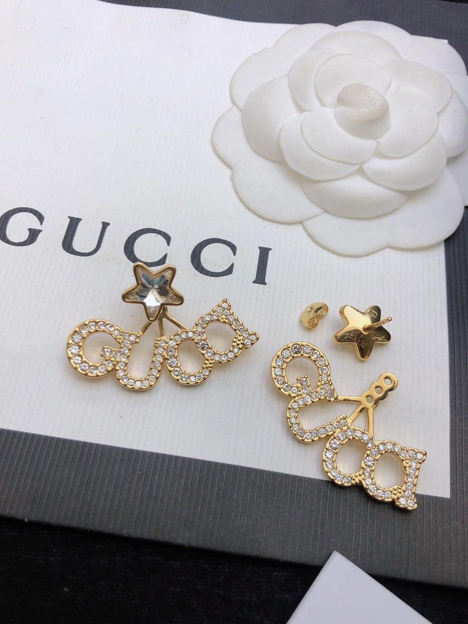 Gucci Double Script Star 18K Gold Earrings