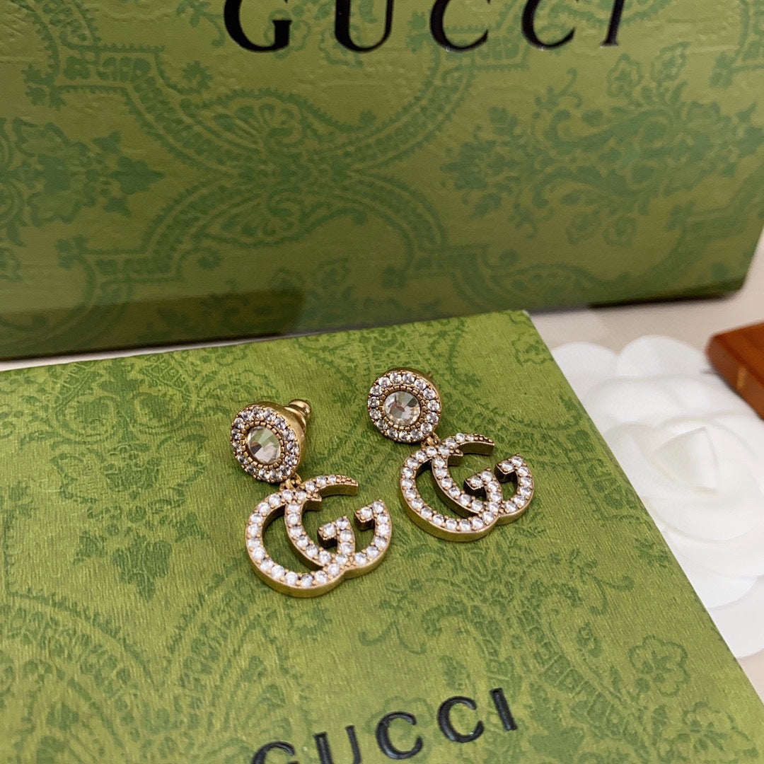 Gucci Double Crystal Pendant 18K Gold Earrings