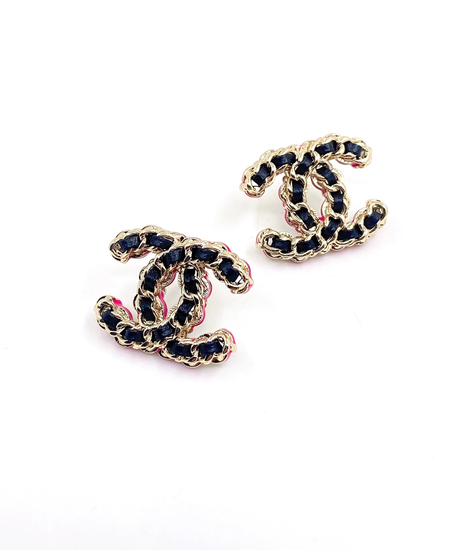 Chanel Pink Resin Leather 18K Gold Earrings