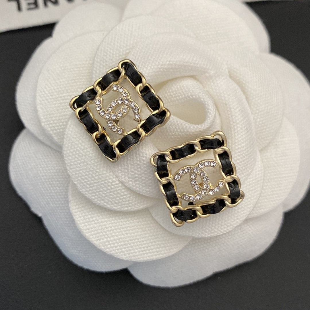 Chanel Square Leather 18K Gold Earrings