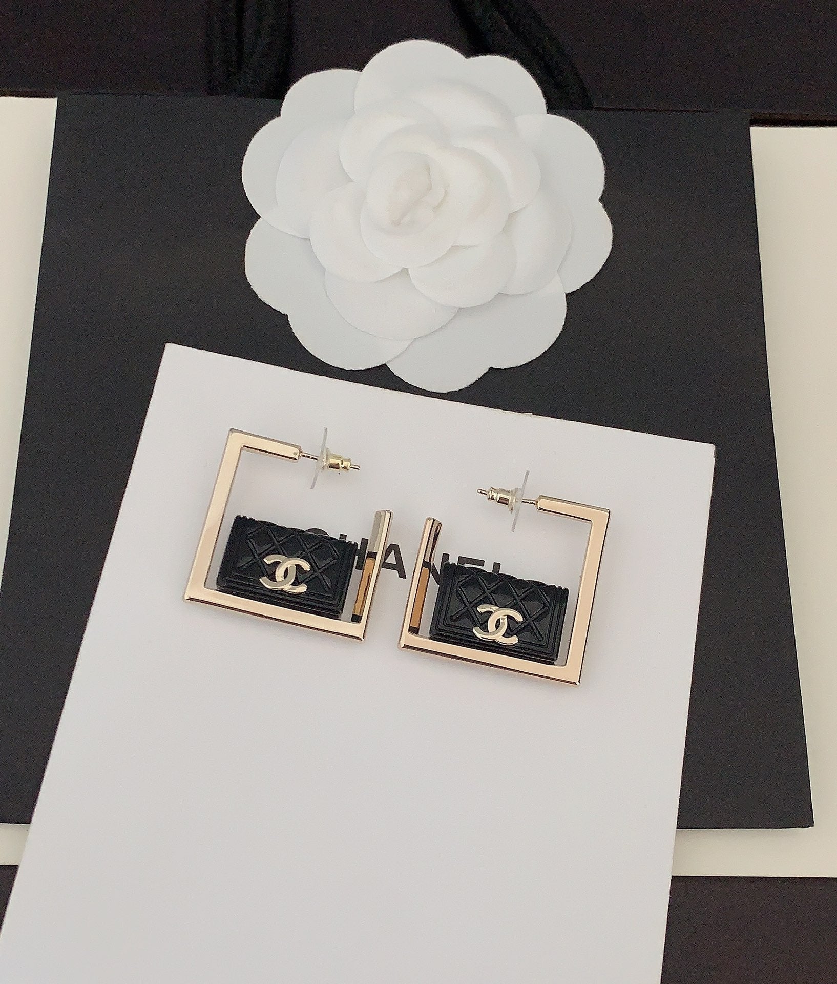 Chanel Black Bag Pendant 18K Gold Earrings