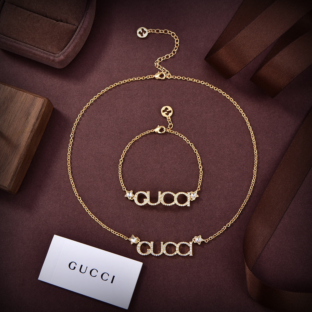 Gucci Double Embellished Script Letter 18K Gold Necklace