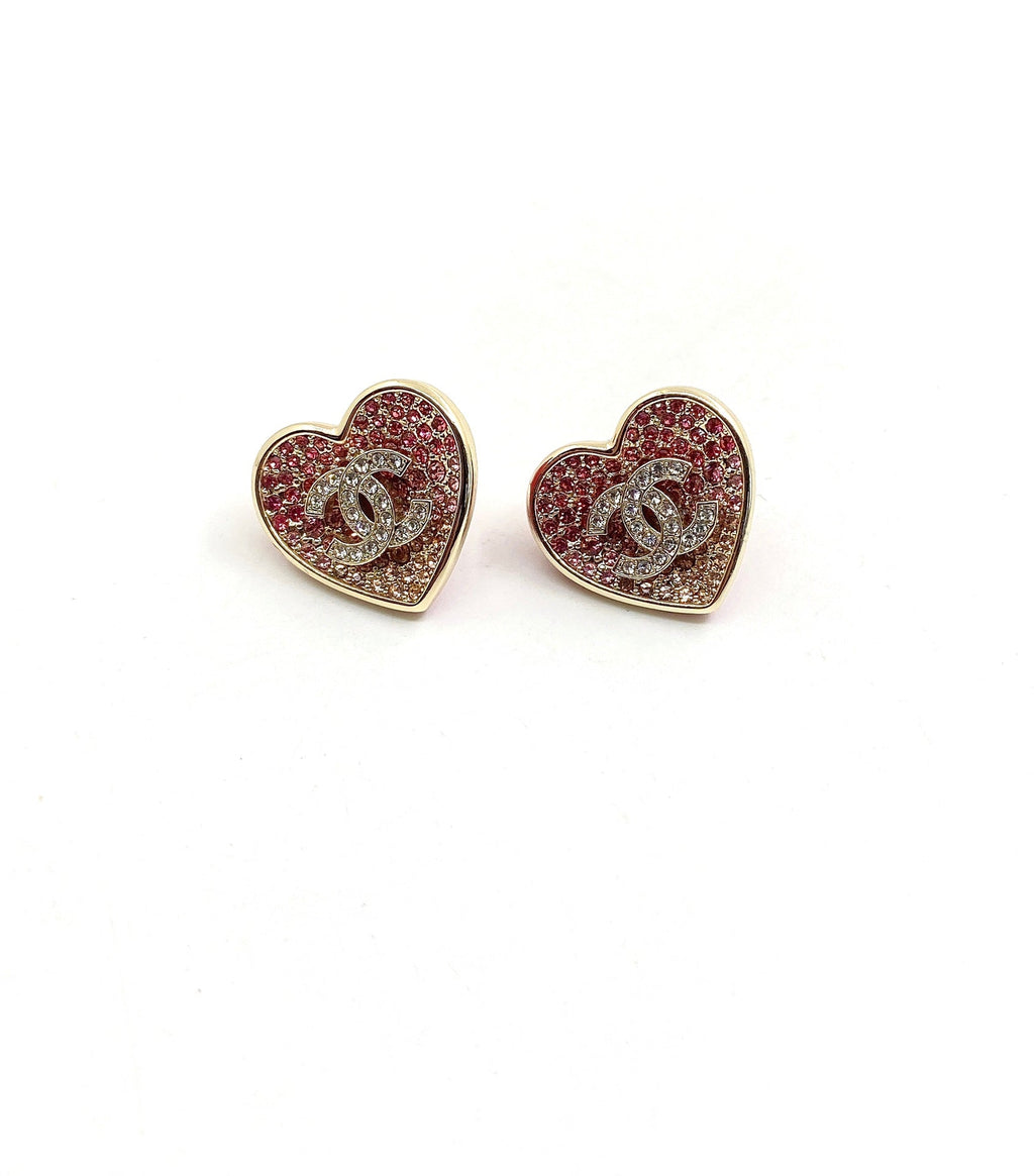 Chanel Diamond Pink Heart 18K Gold Earrings