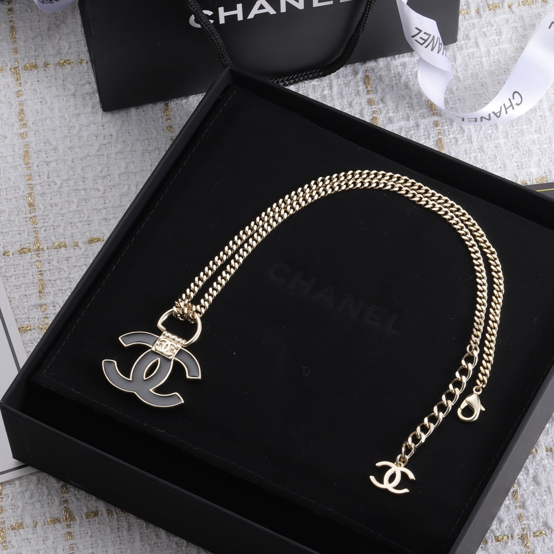 Chanel Black Resin Logo 18K Gold Necklace