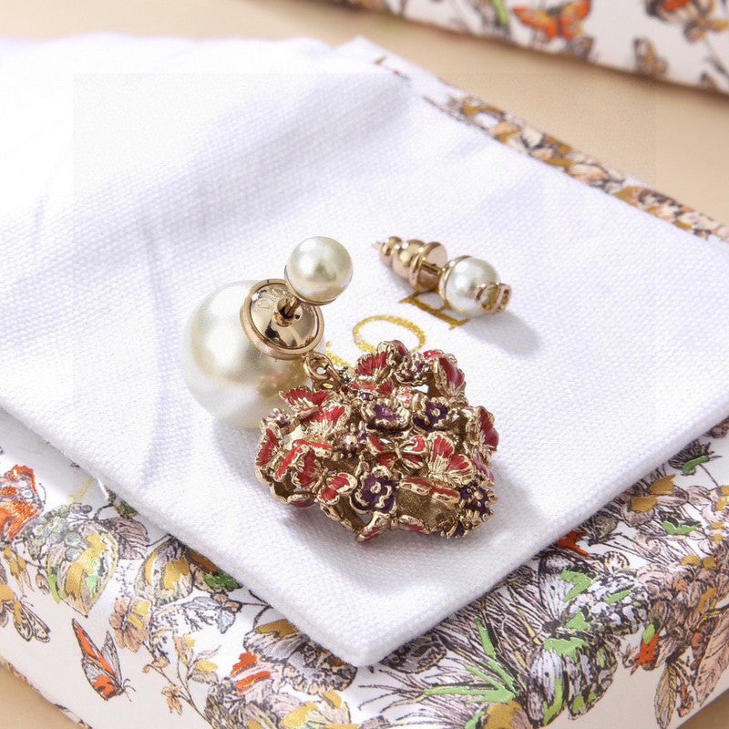 Dior Tribales Red Flower Heart Faux Pearl 18K Gold Earrings