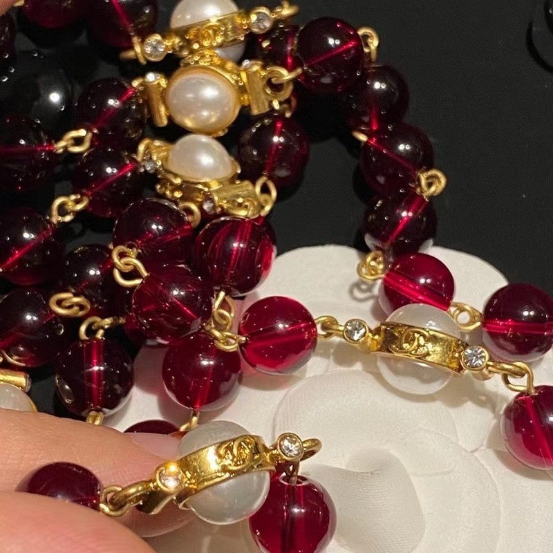 Chanel Long Red & White Pearls 18K Gold Necklace