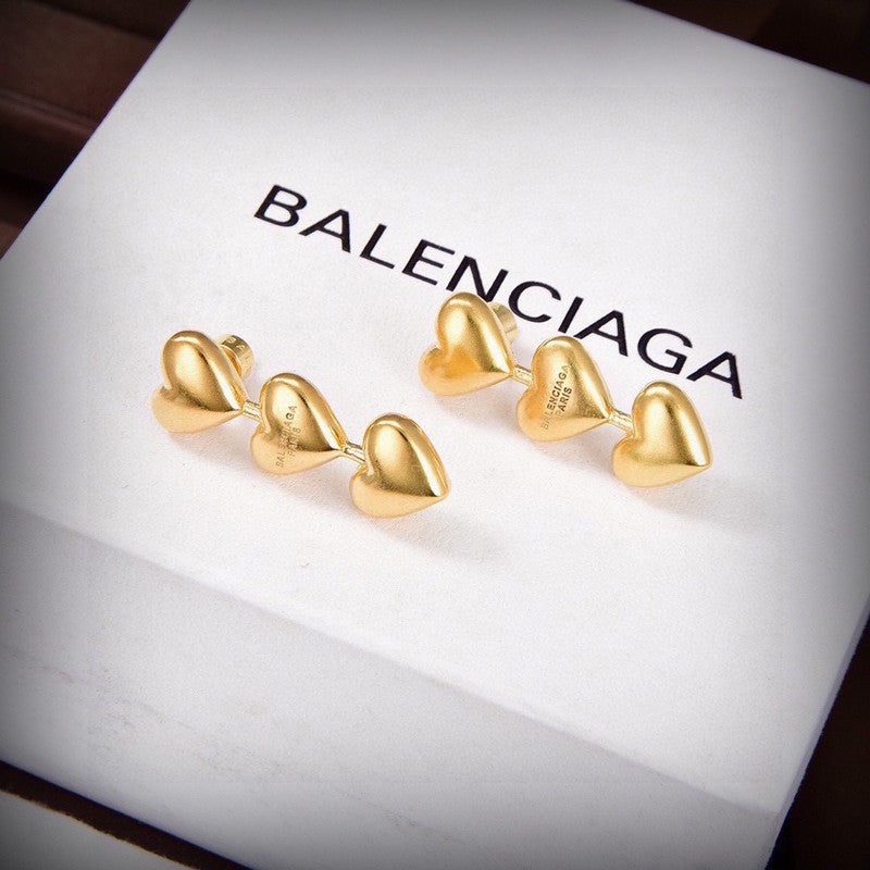 Balenciaga Three Heart Gold 18K Gold Earrings