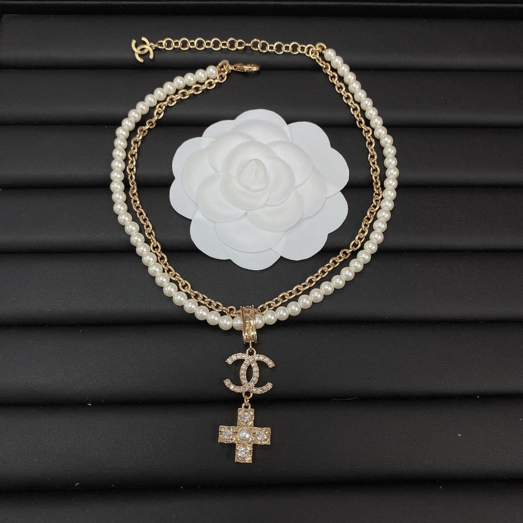 Chanel Cross Diamond Pearl Chain 18K Gold Necklace