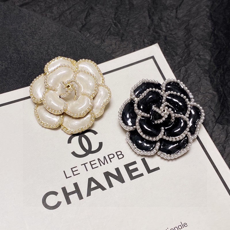 Chanel Camellia Black & White 18K Gold Brooch