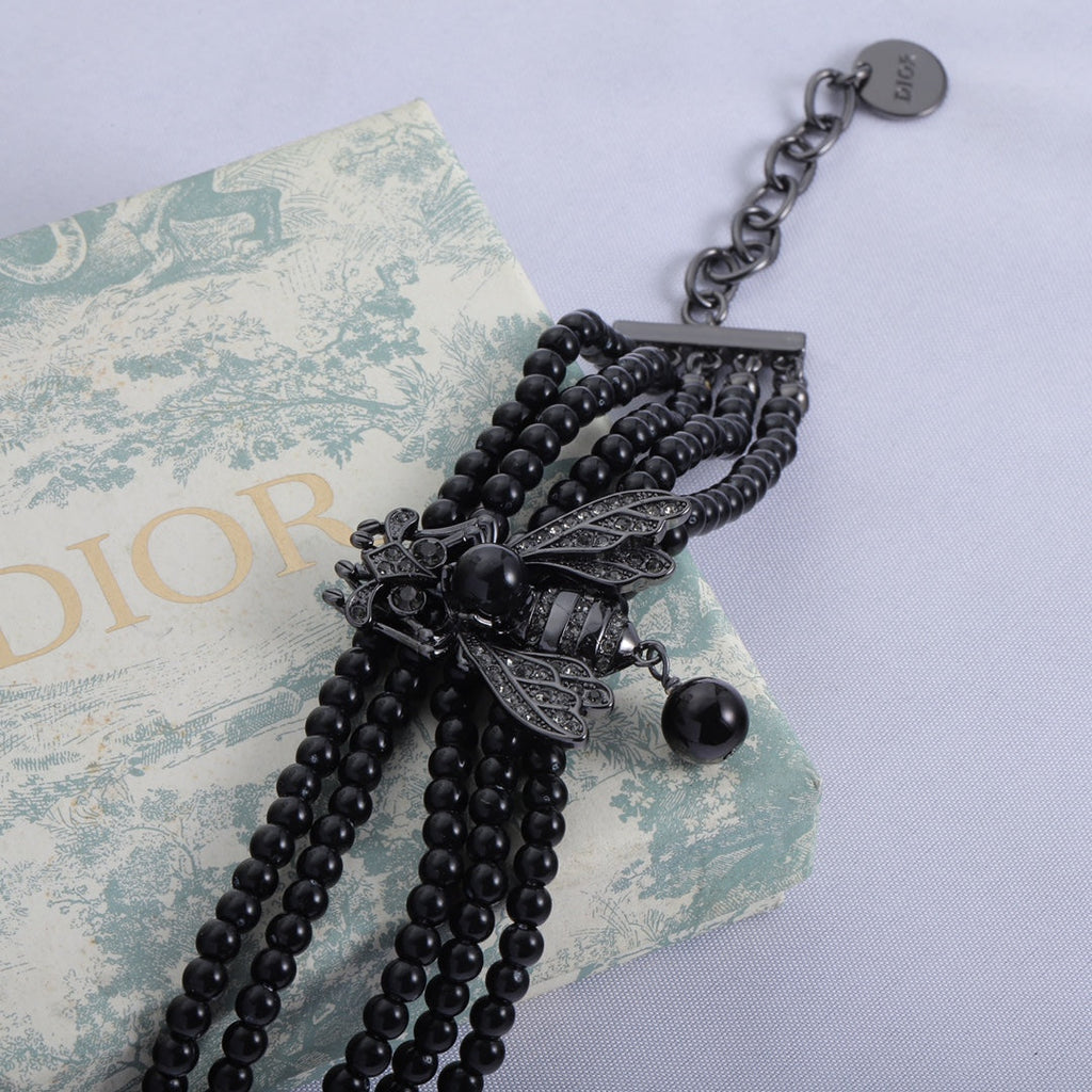 Dior Bee Black Pearls Chain 18K Gold Necklace